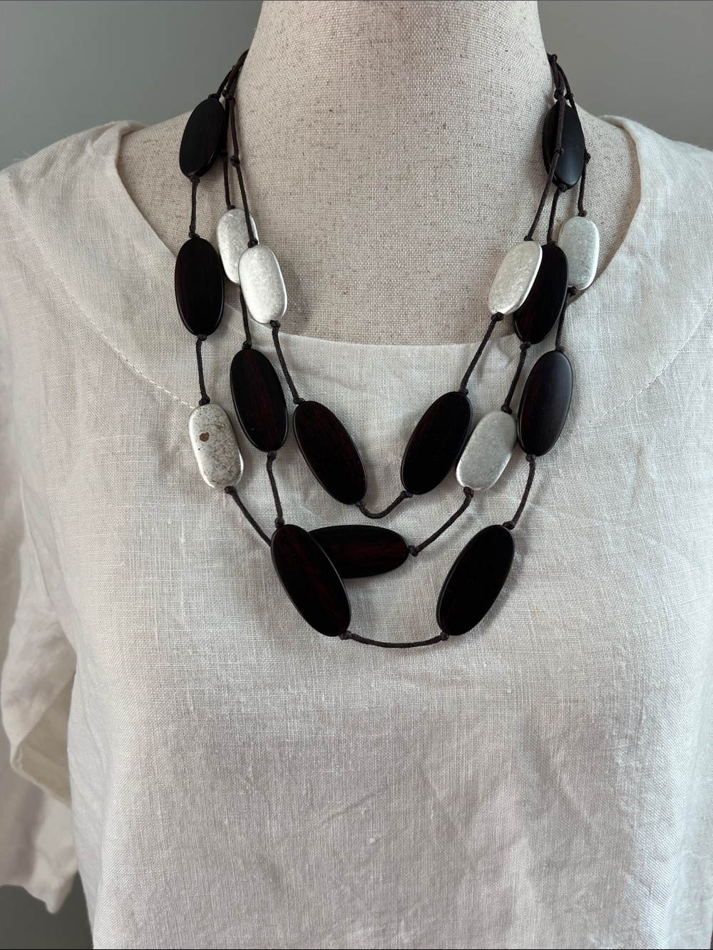 Three-Strand Dark Brown and Silver Oval Bead 11.5” Necklace - Women’s Jewelry